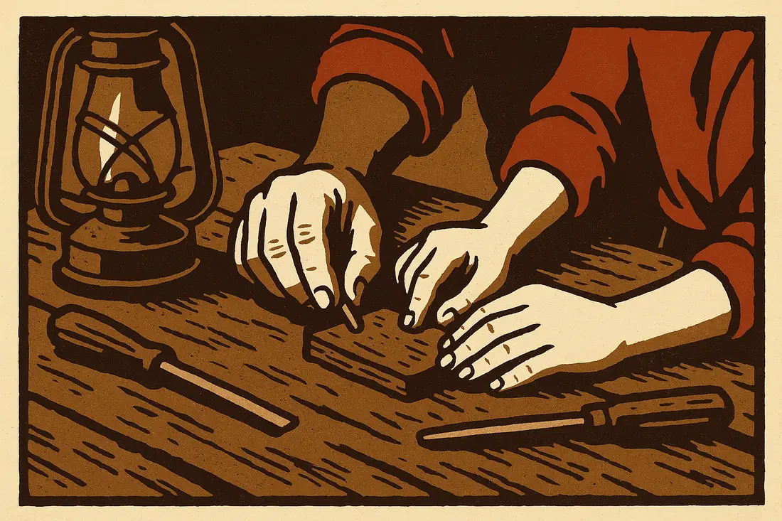 Illustration: a man's hands and a boy's hands working together at a wooden bench