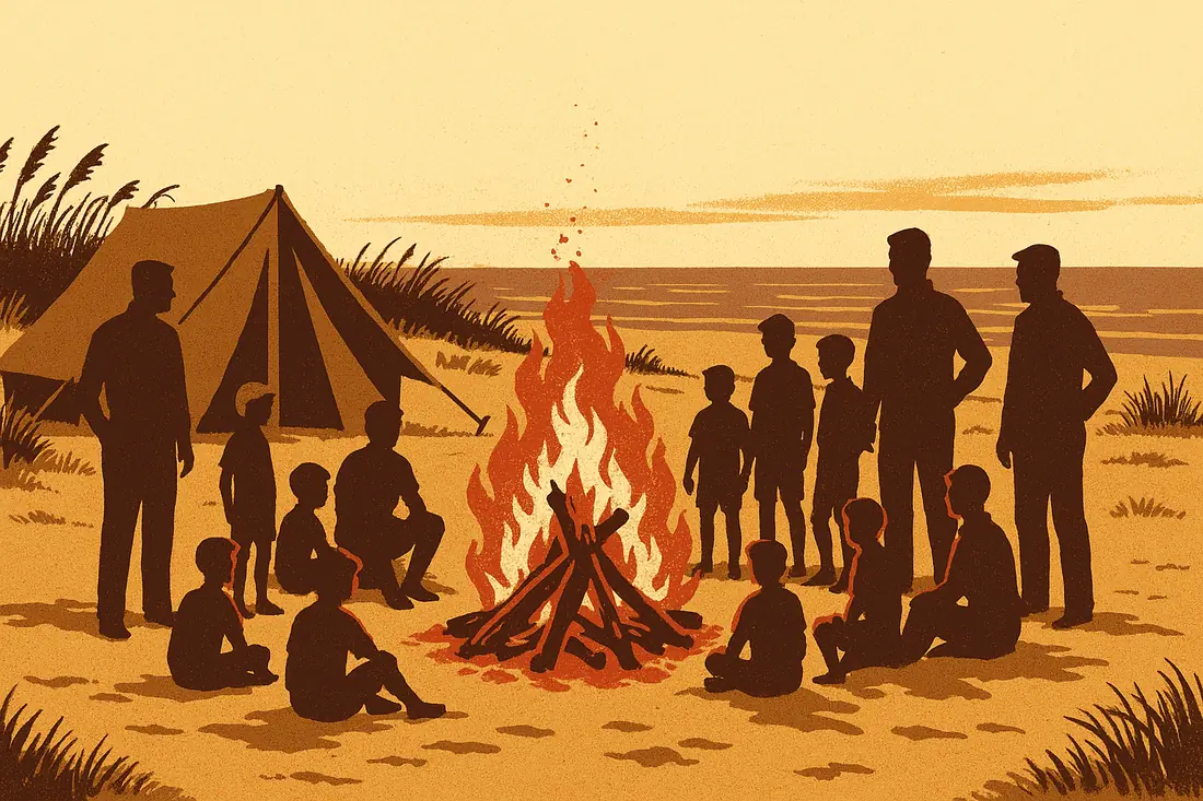 Illustration: fathers and sons camped together on the Gulf coast at dusk
