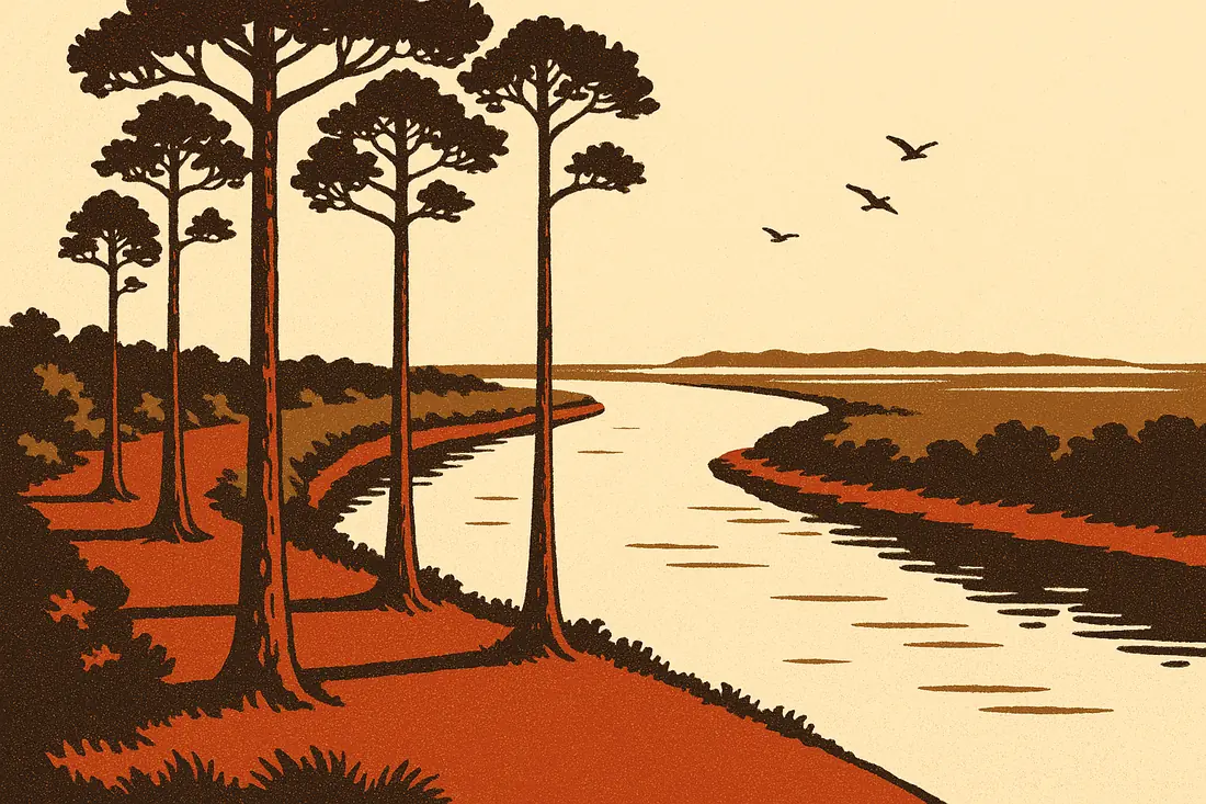 Illustration: a two-lane road heading out of town toward pine ridges at dawn